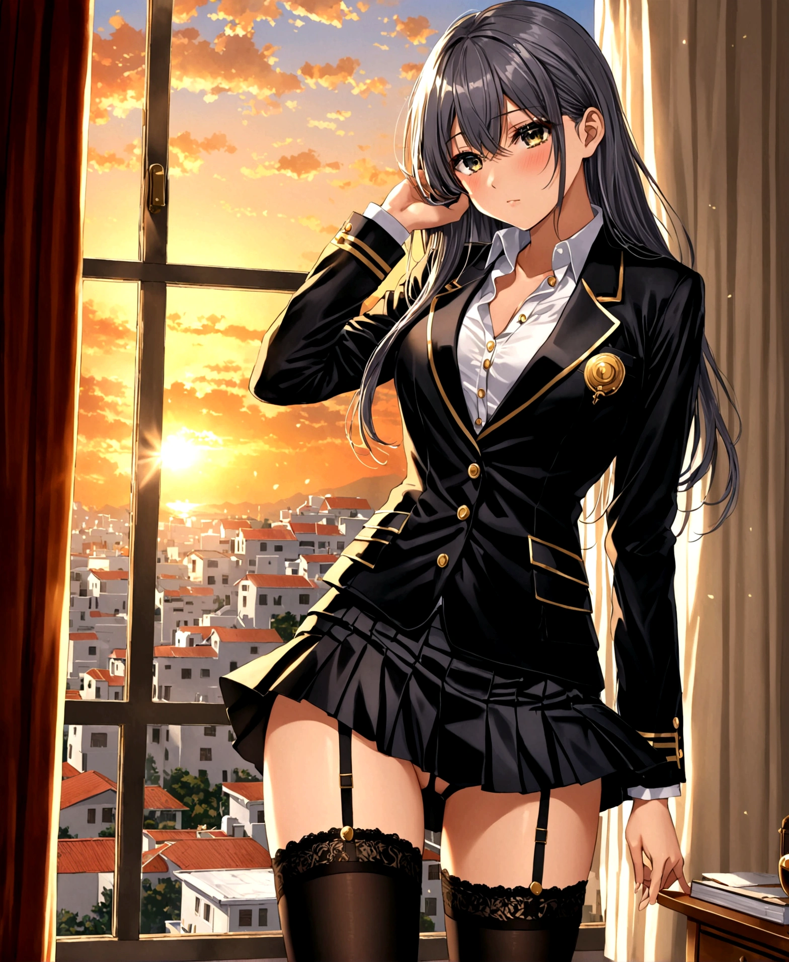 /(Front focus), A beautiful adult female college student, 21 years old, in a private institution, in the dormitory, in her room, sitting on the edge of the window resting one hand on the edge, stroking her hair with her fingers, tears in her eyes, blushing, watching the landscape over her shoulder, bending one leg, simple decoration, feminine atmosphere, sunset, sunlight penetrating through the window, winter, /(extremely long straight hair, almond-shaped eyes, hourglass-shaped athletic body, Big chest, medium hip, medium waist, shapely legs, perfect fingers, Greek nose, perfect hands, triangular face,), /(uniform: white V-neck blouse long sleeves, gray pleated mini skirt, black satin blazer with gold buttons, black thigh-high stockings held up by garters,),