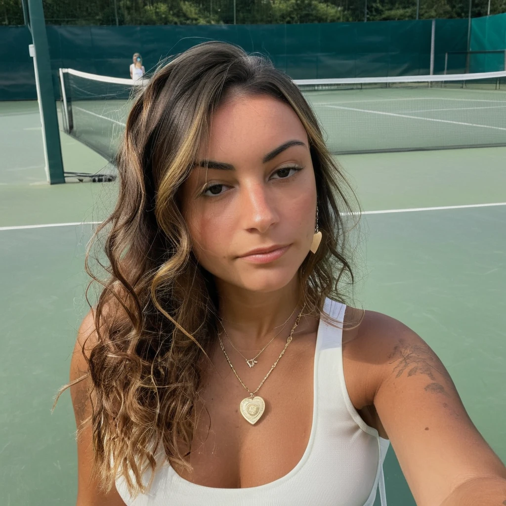 regardant droit vers la caméra, grain de film, Texture de la peau, Instagram selFie oF a woman enjoying tennis beautiFul wavy hair wearing a heart necklace,F/1.8,wearing tiny sport cloths, tennis field