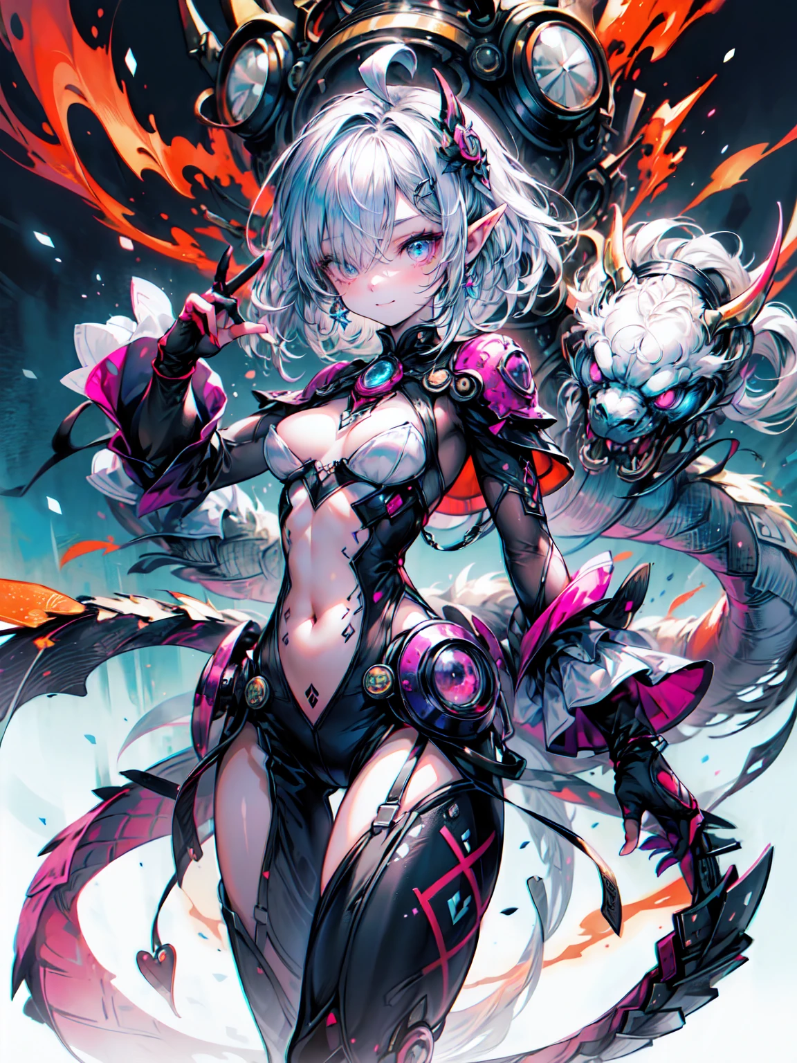 (masterpiece), (最high quality), (high quality), (8K), girl, (whole body), Dragon Armor, Intricate details, Red glow, Silver short hair, The hair in the back is messy, detailedな髪, Bright Blue Eyes, Dominate performance, While she rules the world、Walking in more chaotic places, Fire background, Dragon in the Night Sky, Heat up your aura, (high qualityの照明)、Cowboy Shot、Blake、非常にdetailed (Dark Elf), (girl1人), alone, Perfect Face, detailed, Ahoge, ((Long Hair:1.2)), (Hair above one eye:1.3), [[Messy Hair]], Shiny blonde white hair, Purple eyes, Variegated eyes, Colorful Hair, Shining Eyes, Bright Eyes, Face imprint, (eyelash, eye shadow, pink eye shadow), smile, Design Art：Haruhiko Mikimoto, by Kawashi, By Yoshitaka Amano,break、 ((Perfect Anatomy)), Nice body, Big Breasts、(非常にdetailed指), Best Hand, Perfect Face,(Perfect Fingers), Correct Anatomy,