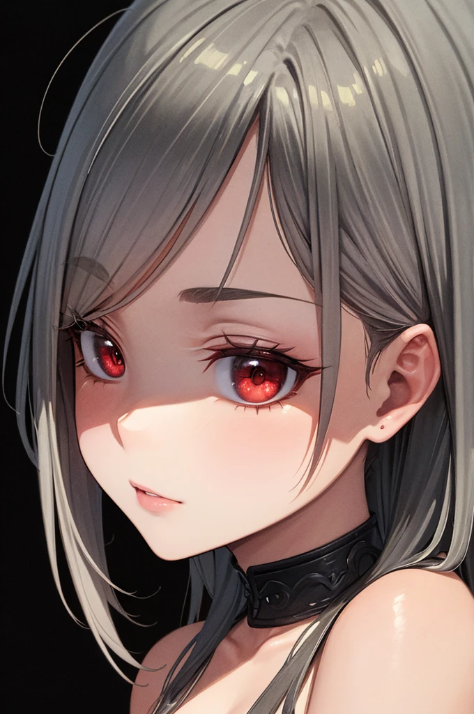 ((Masterpiece,Best Quality)),1 girl,Beautiful detailed eyes, detailed face, (whole body:1.2), long white hair, Red eyes,small size breasts, (black background:1.2), bloody particles, shading face 