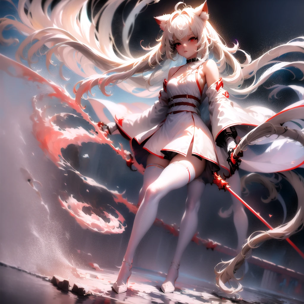 masterpiece, highest quality, highest resolution, clear_image, detailed details, White hair, long hair, cat ears, 1 girl, red eyes, white lab coat, white pantyhose, white scarf (around the neck), cute, full body, no water marks