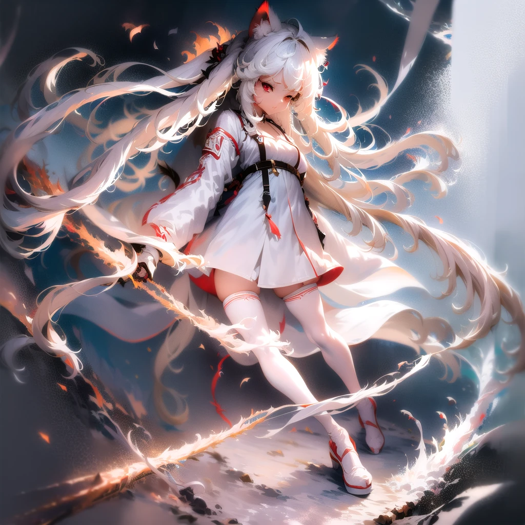 masterpiece, highest quality, highest resolution, clear_image, detailed details, White hair, long hair, cat ears, 1 girl, red eyes, white lab coat, white pantyhose, white scarf (around the neck), cute, full body, no water marks