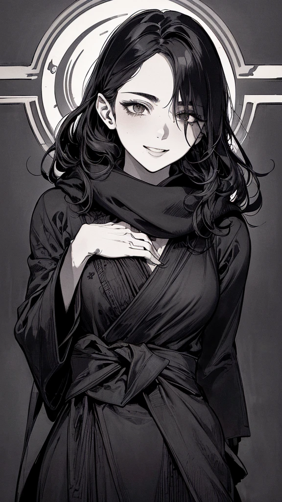 Highest quality, (Background details), High Contrast, Very beautiful woman, Detailed original illustrations, functional, Delicate face, Black Hair、Ninja, Ninja costume, scarf, Face covered with a hand towel, Charm, Bad boy, sexy, Real breasts, Crazy Smile, Crazy Eyes, Black Robe, Black background, (Black background: 1. 5), Beautiful line art, Monochrome