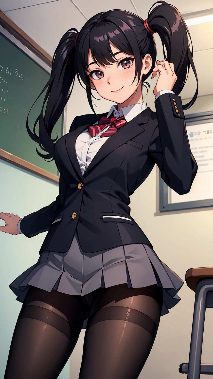 One Girl, Five Fingers, mini skirt, Looking down at the viewer, Twin tails, Highest quality, Focus on the thighs, Dynamic pose, smile, blazer, blouse, Black Pantyhose, panties under pantyhose, Standing Split, classroom, Black Hair, Stylish pose,My thighs are steaming between the legs 