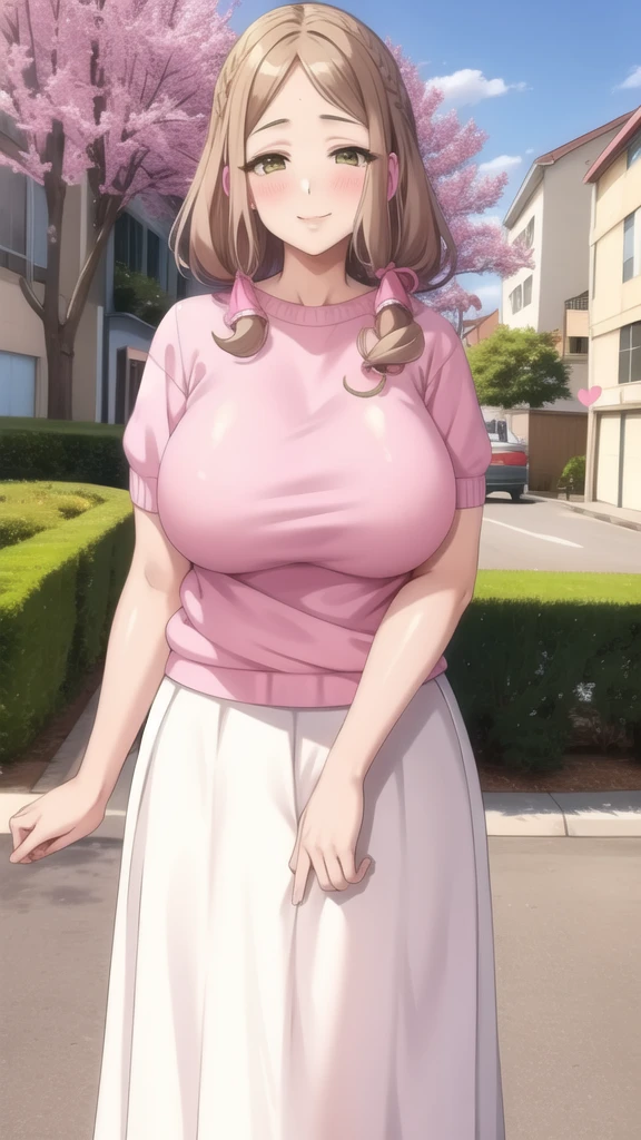 (masterpiece, best quality), outdoors, street, white long skirt, pink sweater, hearts, blush, smile, upper body, standing, fw.ayaka