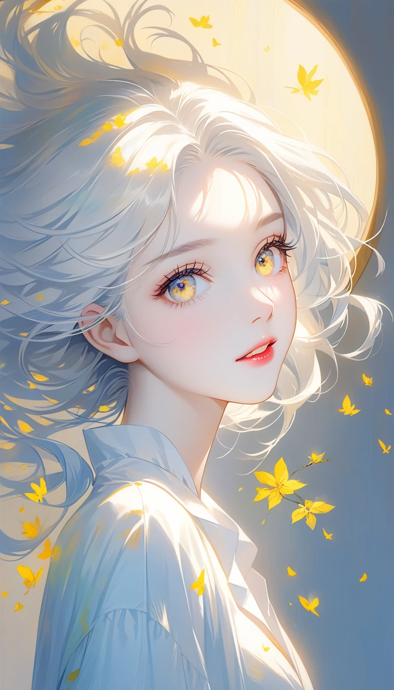 dark,caustics,colorful,gorgeous light and shadow,full body,
The girl's pale skin,her lips are slightly open to reveal her teeth,and her (blue and yellow eyes) eyes are blur and dreamy. mottled light and shadow,portrait,white hair,side face,