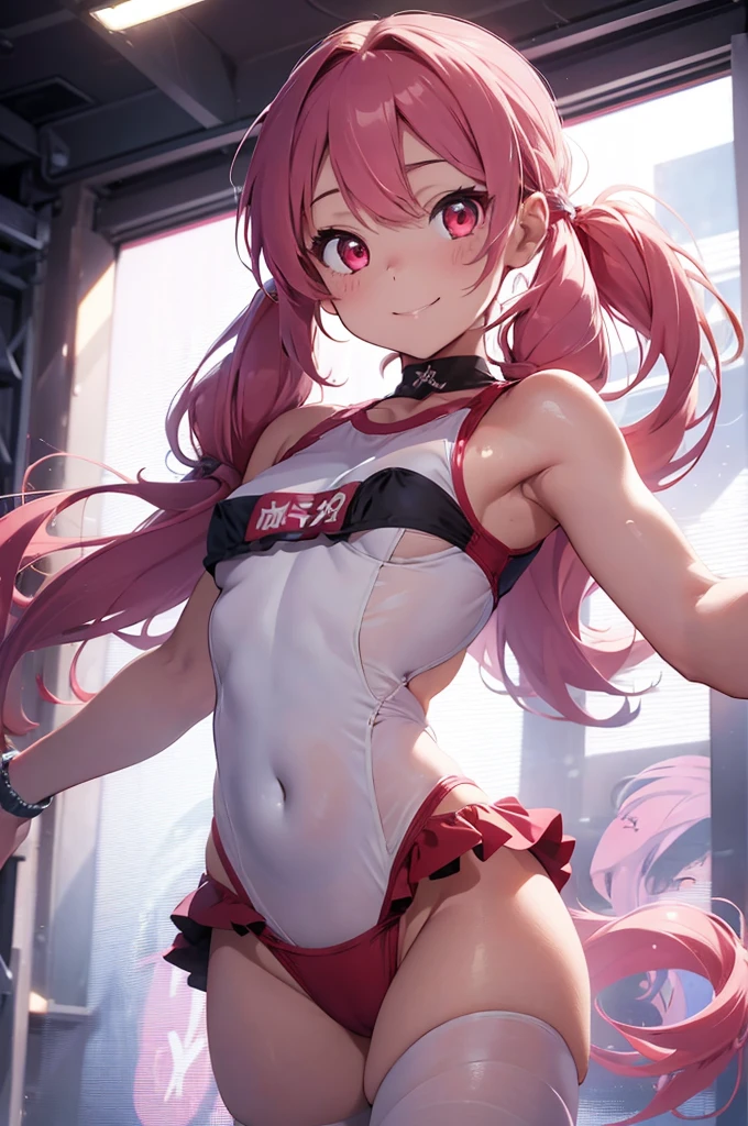 Perfect human body modeling, 1girl, small breasts, beautiful girl, cute girl and idol face, young face, smile, Beautiful long pink hair, twintails, Beautiful shining red eyes, white skin, Short body, fashion show, runway, spotlight, whole body, swimsuit that is too tight to wear, Naughty Swimsuit,