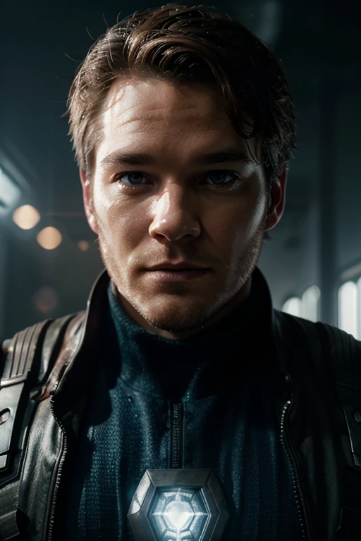 Movie scene, Star Lord from Marvel close-up shot, distorted space, distorted undead in the background, lens flares, light shafts, intricate details, highly detailed, volumetric lighting, 4k rendering, stock photo, hyper-realistic, realistic textures, dramatic lighting, Unreal Engine