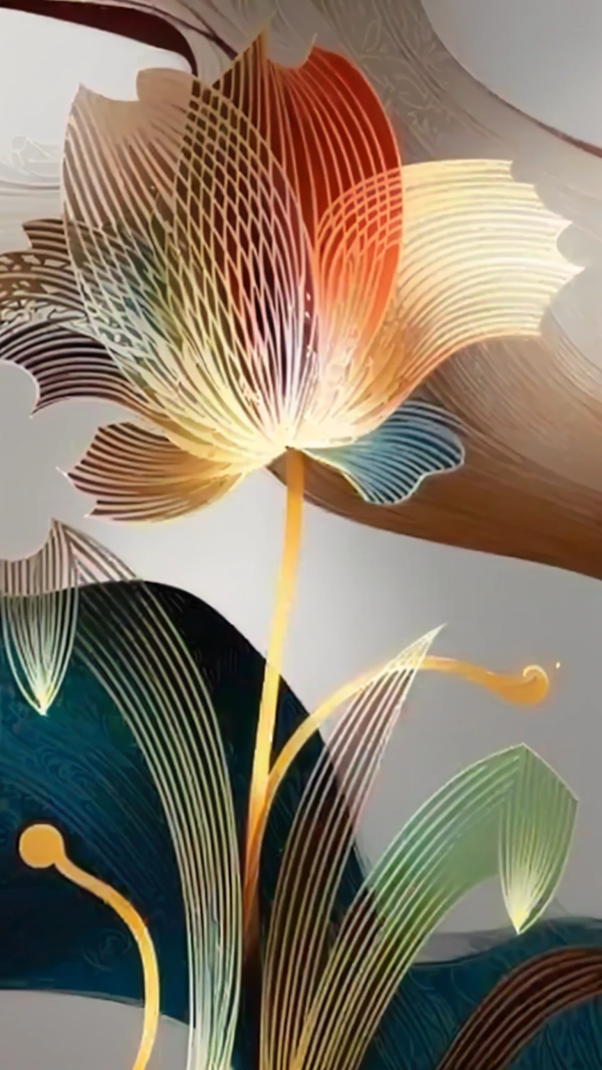 a close-up of a flower with many petals on a table, layered paper art, intricate art deco leaf designs, sheng lam style artwork, arcane nair, 3d abstract art, waiizi surreal flowers, complex digital painting, depicting a flower, Zaha Hadi, impressive lines, interact with smooth flowing lines, digitl art, Desenho abstrato