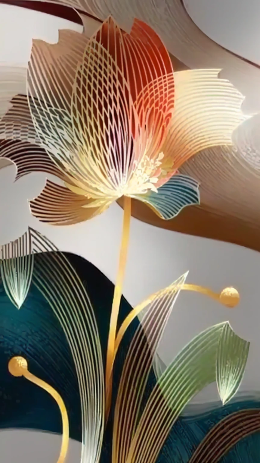 a close-up of a flower with many petals on a table, layered paper art, intricate art deco leaf designs, sheng lam style artwork, arcane nair, 3d abstract art, waiizi surreal flowers, complex digital painting, depicting a flower, Zaha Hadi, impressive lines, interact with smooth flowing lines, digitl art, Desenho abstrato