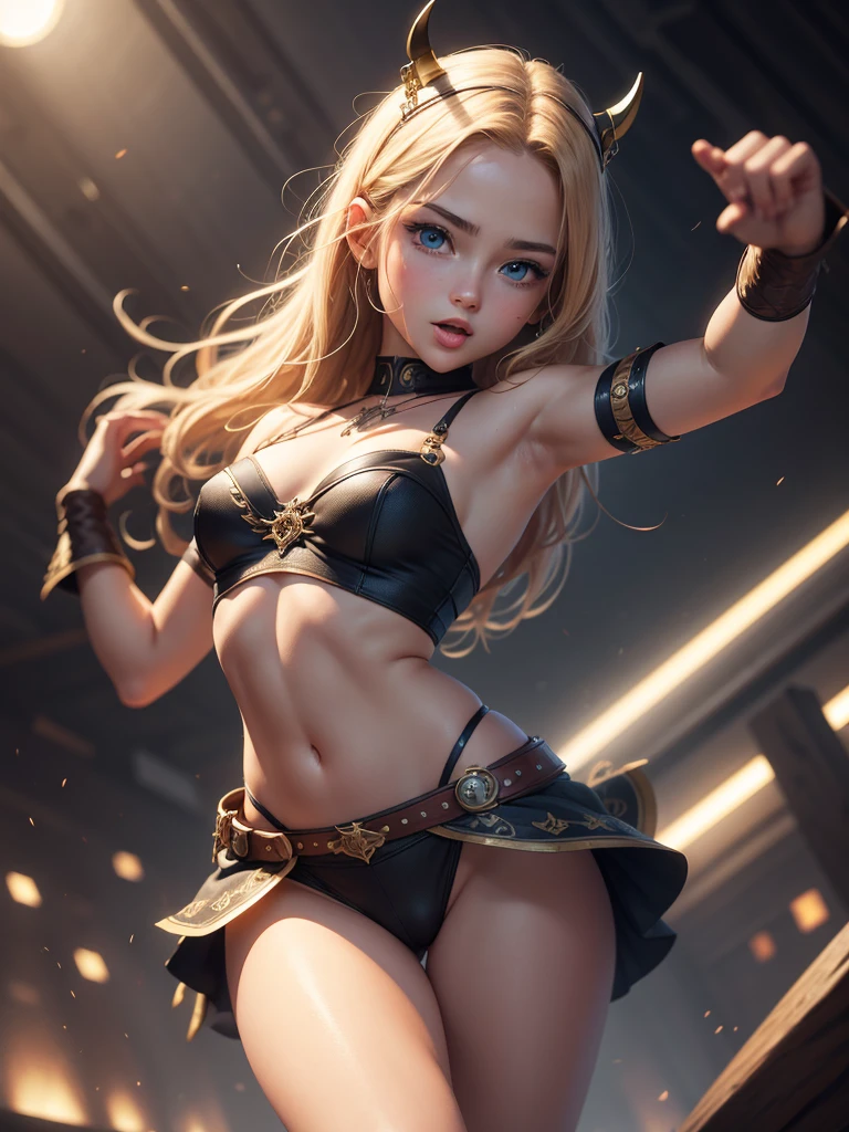 a beatiful , viking, showing your body, showing your charm, perfect body, small waist. Wearing short clothes, dynamic pose. Small girl, delicade girld, cute girl. Ultra resolution, cute face, ahegao, large tongue, showing tongue, baby face, perfect eyes, perfect anatomy, perfect hand, perfect body. 8k ultra hd, ultra definition, photorealistic digital art, high quality illumination, high definition textures. Cinematic ambience, wonderful background
