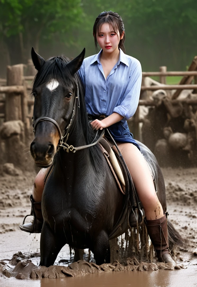 Nude woman with short brown hair rides a horse on a carousel