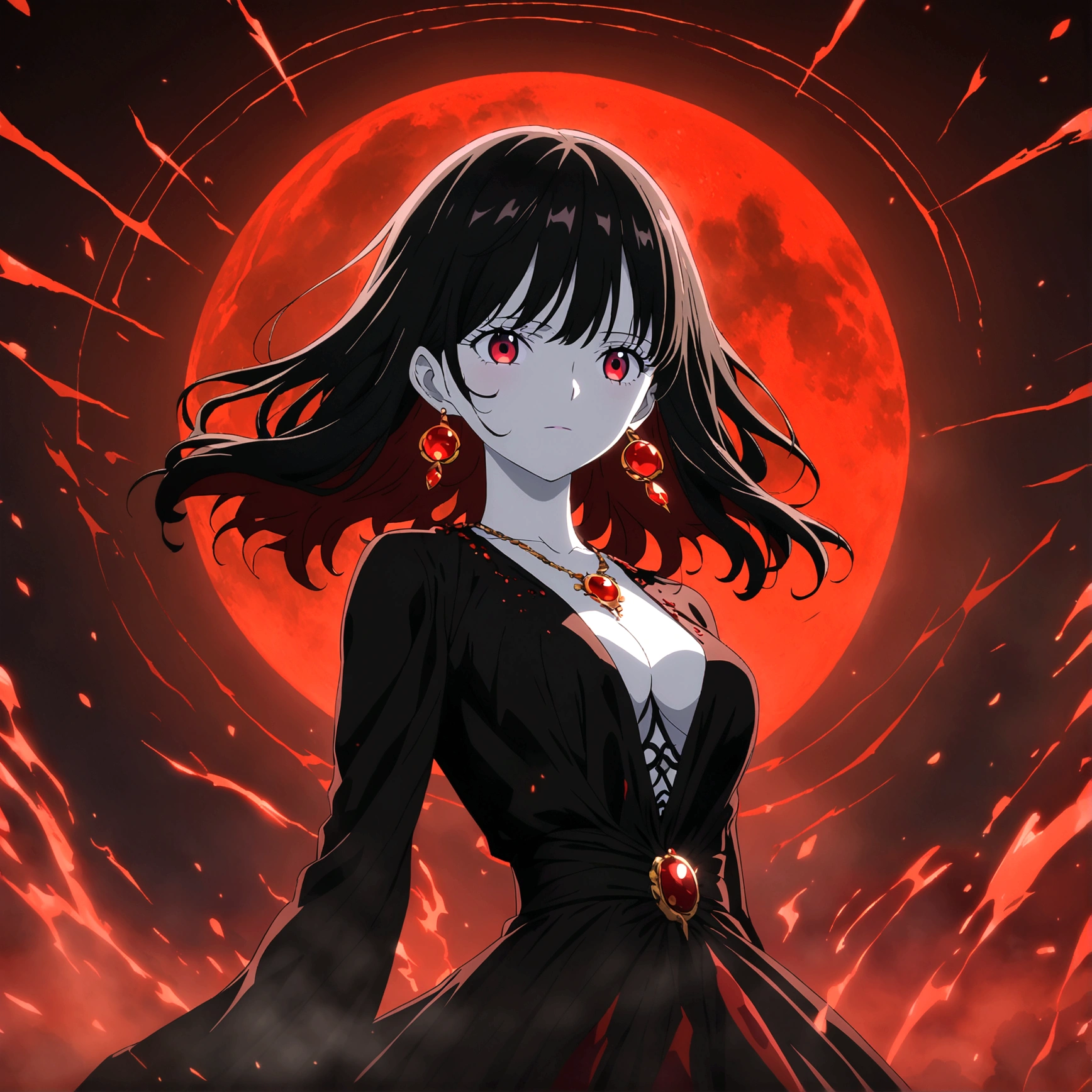 Woman, pale skin, blood red eyes, long black hair with red gradient, elegant black dress with red accents, red moon earrings, ruby necklace, serene expression and menacing gaze, blood red full moon backdrop, "One Piece-inspired anime features, drenched in dramatic and incredible lighting, dramatic lighting, infused with creative details, ultra-fine 2D design, backdrop bathed in creativity, bathed in creativity, boasting HD anime resolution clarity, HD anime graphics, high-octane rendering"