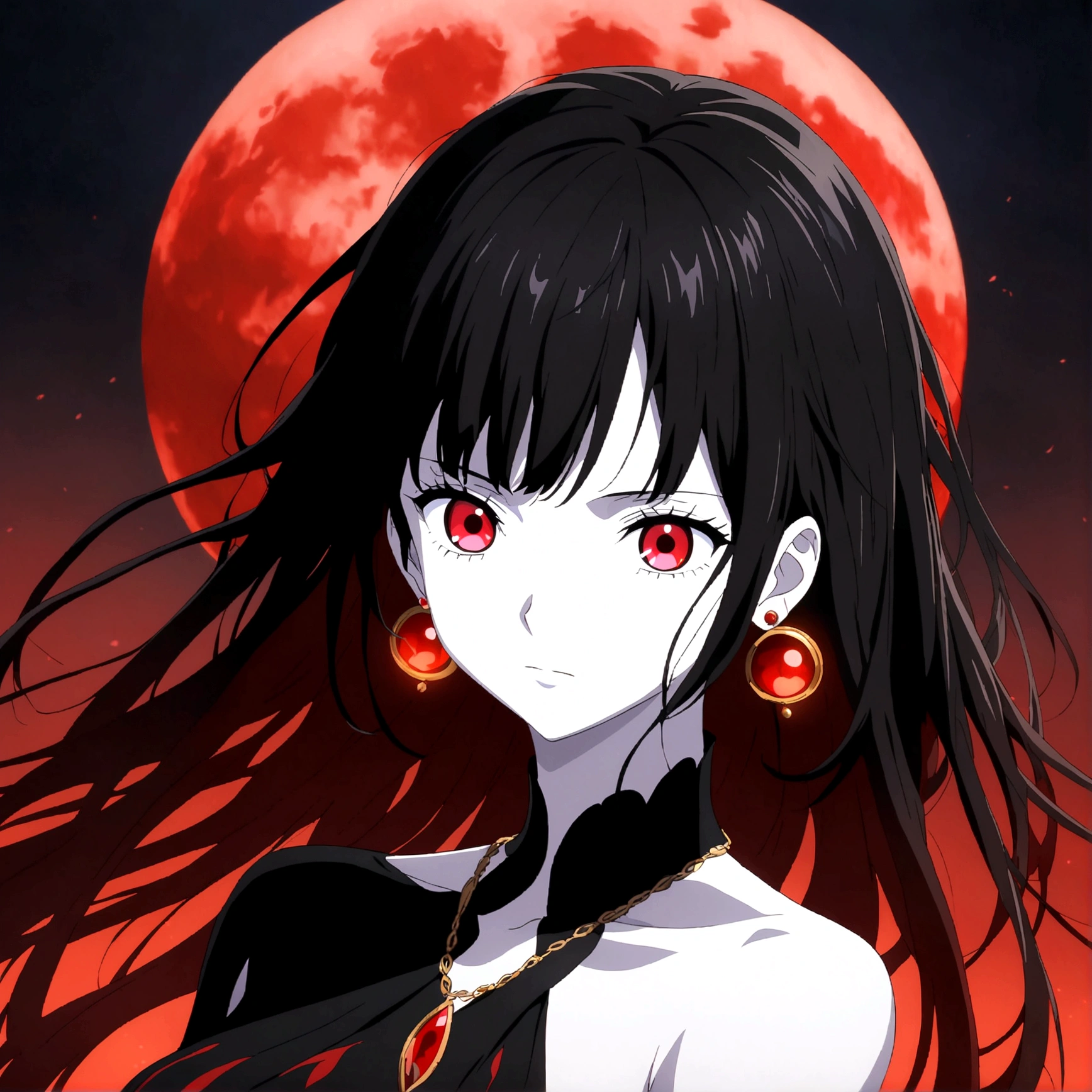 Woman, pale skin, blood red eyes, long black hair with red gradient, elegant black dress with red accents, red moon earrings, ruby necklace, serene expression and menacing gaze, blood red full moon backdrop, "One Piece-inspired anime features, drenched in dramatic and incredible lighting, dramatic lighting, infused with creative details, ultra-fine 2D design, backdrop bathed in creativity, bathed in creativity, boasting HD anime resolution clarity, HD anime graphics, high-octane rendering"