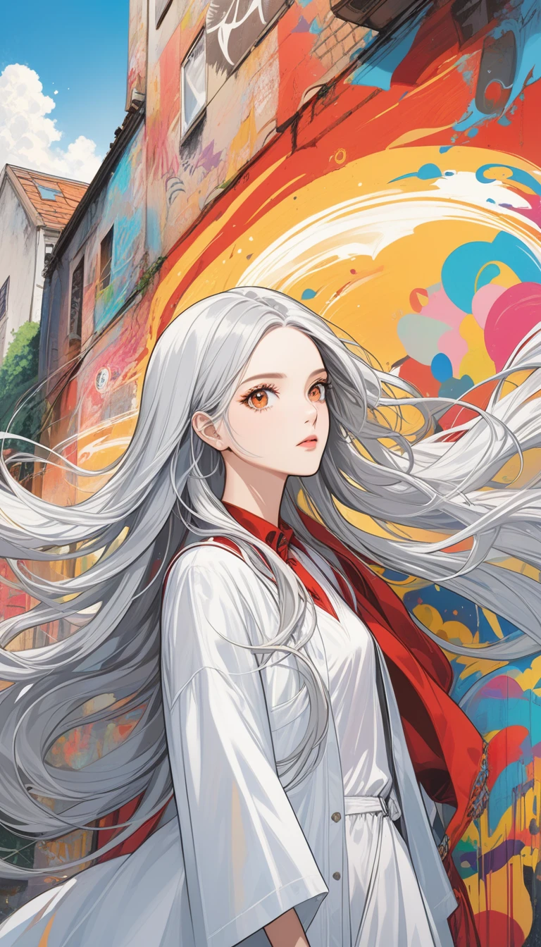 (best quality:1),(masterpiece:1),(ultra detailed:1),1girl,(Julia Burch:1.4),1girl,(cover art, abstract, surrealism, comic, excessively long hair:1.3),(silver and yellow multicolored hair, red eyes:1.2),(graffiti, street:1.1),
