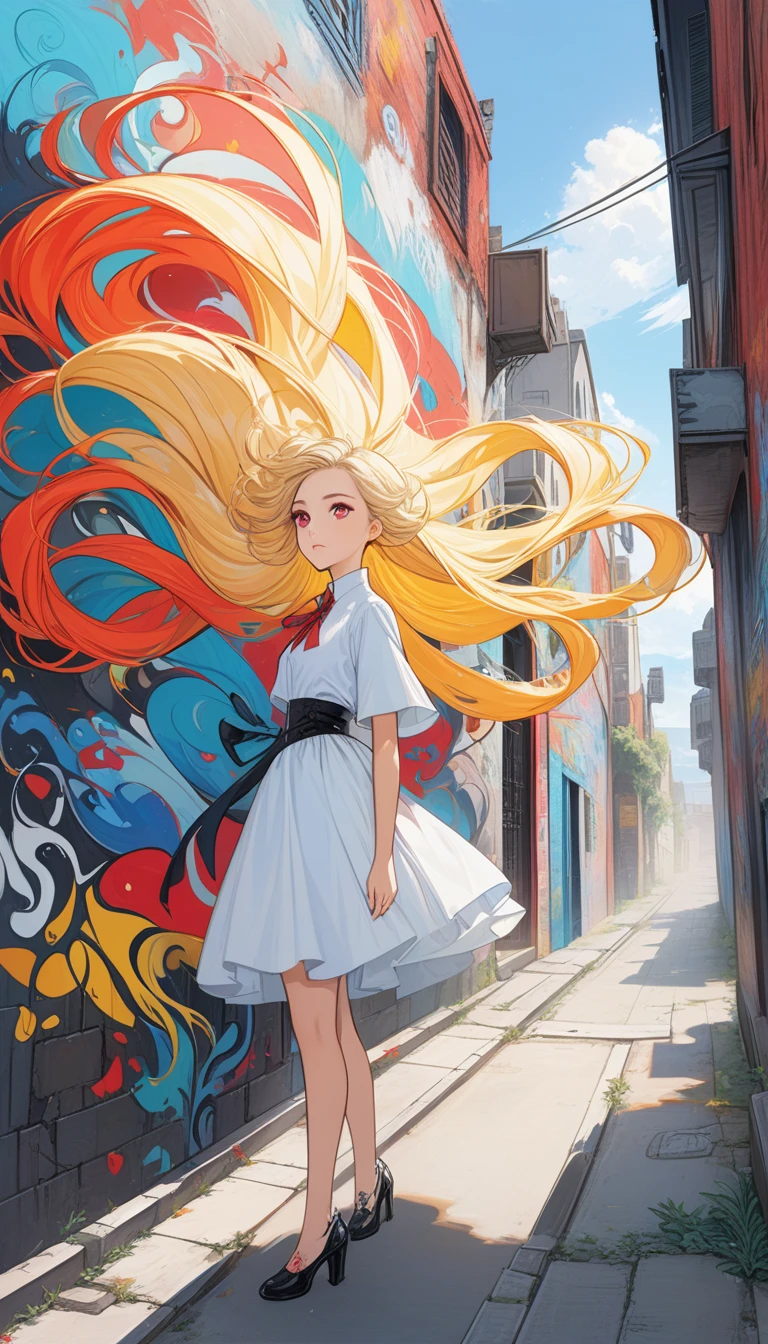 (best quality:1),(masterpiece:1),(ultra detailed:1),1girl,(Julia Burch:1.4),1girl,(cover art, abstract, surrealism, comic, excessively long hair:1.3),(silver and yellow multicolored hair, red eyes:1.2),(graffiti, street:1.1),