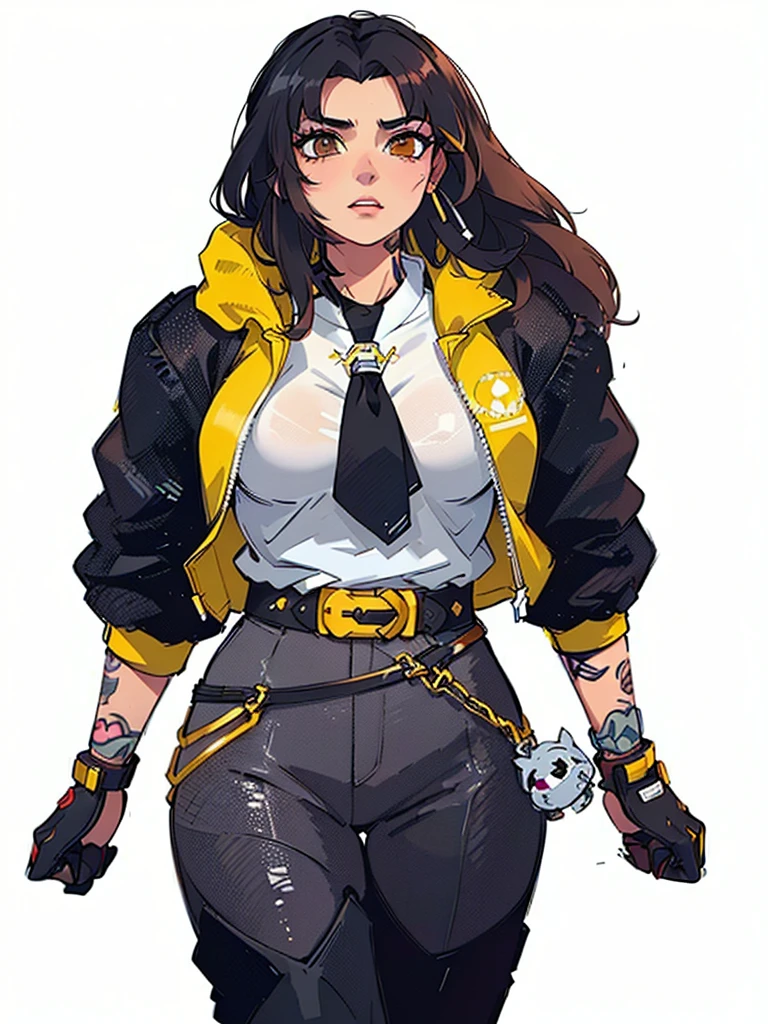 a close-up of a woman in a yellow jacket and black tie, She has gloves and earrings in the shape of hoops and her body is complemented with tattoos and on her right leg she has a kind of small stuffed animal as a keychain, faye san valentin, kate obispo, Judy Alvarez Cyberpunk, wearing cyberpunk jacket 2 0 7 7, Portrait of Tifa Lockhart, faye san valentin from cowboy bebop, Loba Andrade de Apex Legends, Brigitte de Overwatch, Portrait of Tifa Lockhart, jet black haired cyberpunk girl, cyberpunk femme fatale