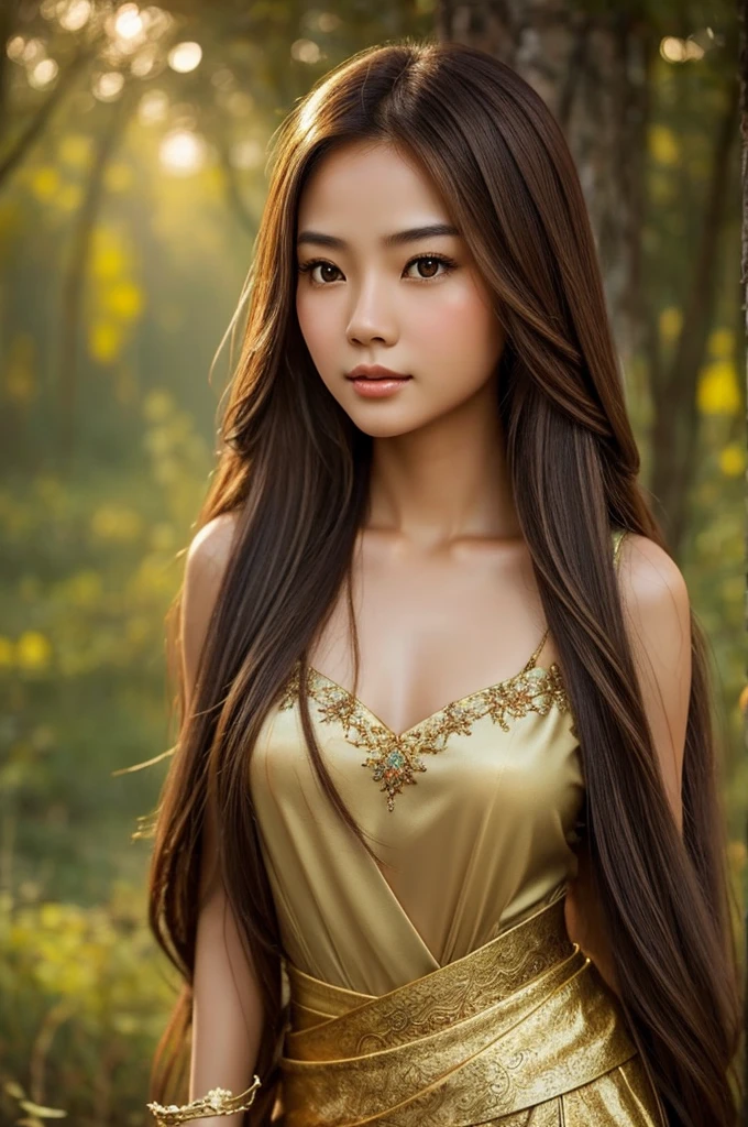 Generate an image of a beautiful half-Thai, half-Chinese woman with the following features:
- Fair skin tone
- Long brown hair 
- Brown eyes
- Appear as if she is from a fairy tale

```
The image should be a portrait-style composition showcasing the character's face, hair, and upper body