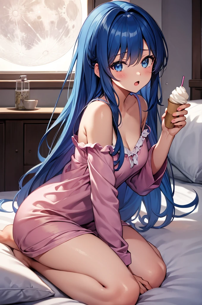 (masterpiece:1.3), (best quality:1.1), (8k, ultra detailed, ultra high res:1.2), (anime style:1.2), perfect 5 fingers, perfect anatomy, 
1girl,
BREAK long hair, blue hair, blue eyes, 
[medium breasts], 
BREAK Satin Nightgown, pink pajamas, 
open mouth, (eating soft serve ice cream:1.2), 
upper body, 
(moon light, indoors, inside, on a bed, wariza, midnight:1.2), 