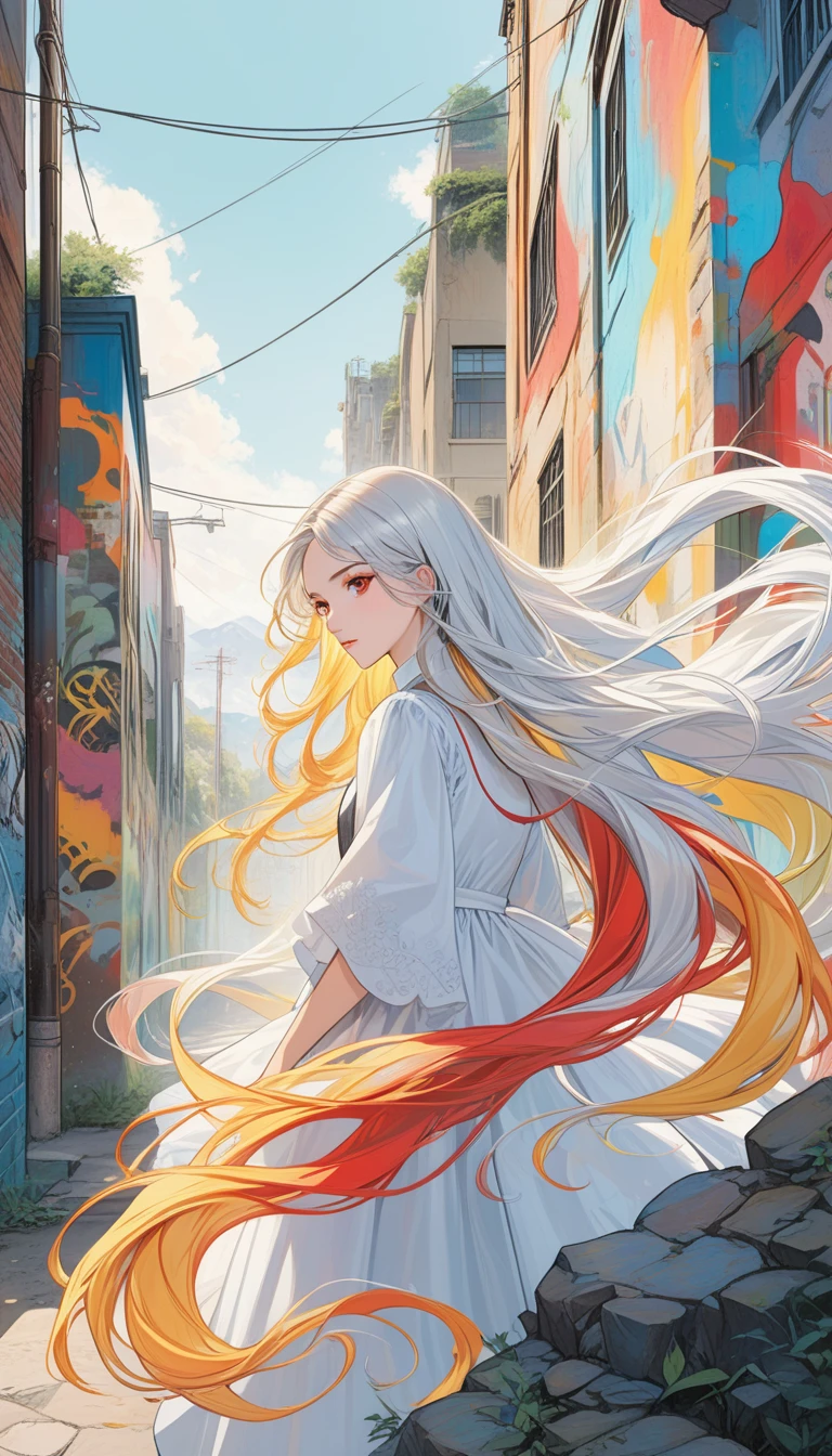 (best quality:1) , (masterpiece:1), (ultra detailed:1), 1girl, (Julia Burch:1.4), 1girl, (cover art, abstract, surrealism, comic, excessively long hair:1.3), (silver and yellow multicolored hair, red eyes:1.2), (graffiti, street:1.1)