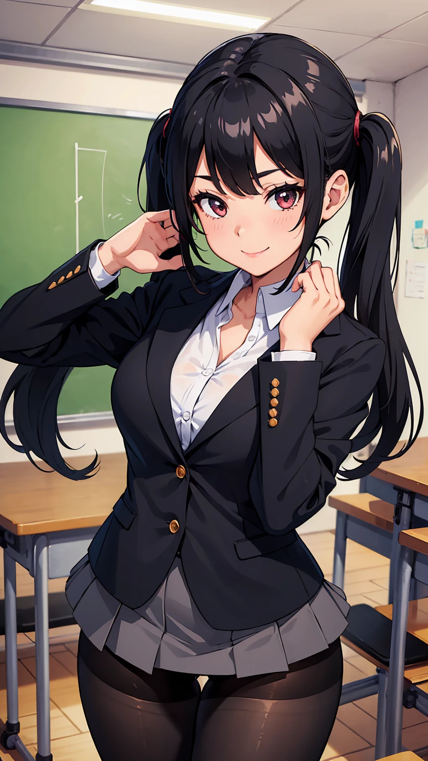 One Girl, Five Fingers, mini skirt, Looking down at the viewer, Twin tails, Highest quality, Focus on the thighs, Dynamic pose, smile, blazer, blouse, Black Pantyhose, panties under pantyhose, Standing Split, classroom, Black Hair, Stylish pose,My thighs are steaming between the legs 