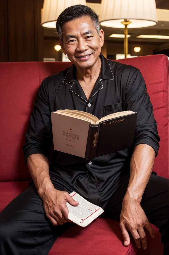 photorealistic,man,Thai person,Age 59 years,little black hair,Looks good,Oval face,smile,Wear black pajamas,Sit and read a book.,At the casino,Catch the book,Take a picture of yourself,Sharp picture,realistically.