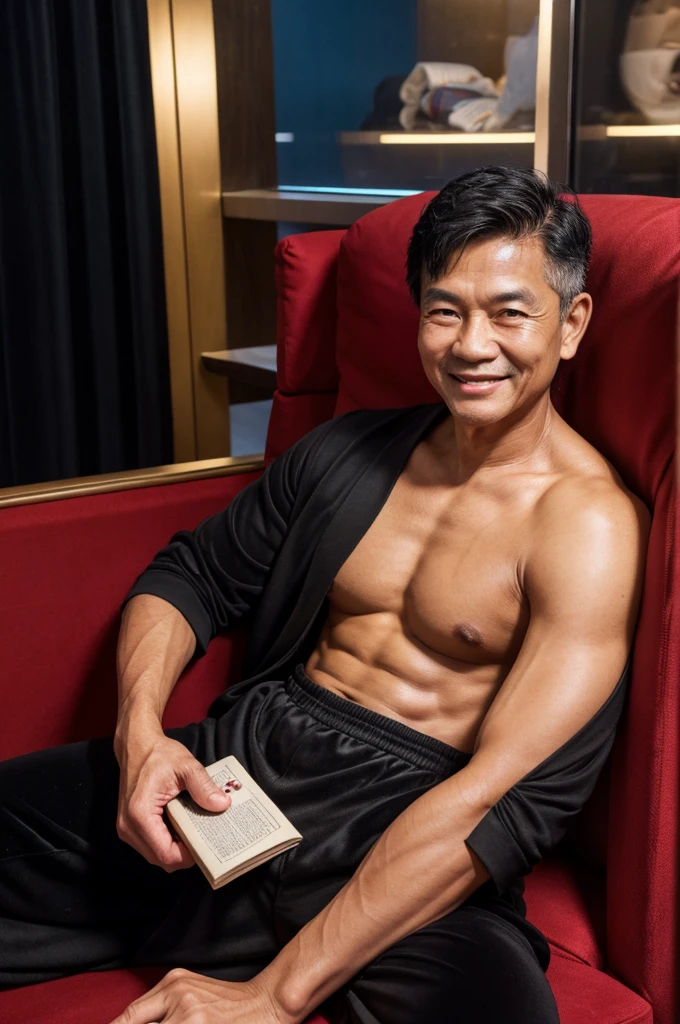 photorealistic,man,Thai person,Age 59 years,little black hair,Looks good,Oval face,smile,Wear black pajamas,Sit and read a book.,At the casino,Catch the book,Take a picture of yourself,Sharp picture,realistically.