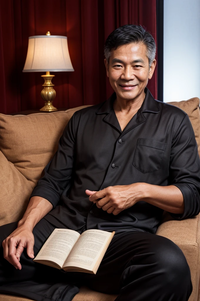 photorealistic,man,Thai person,Age 59 years,little black hair,Looks good,Oval face,Clear eyes,smile,5 fingers(Not more than 5 inches),Wear black pajamas,Sit and read a book.,At the casino,Catch the book,Take a picture of yourself,Sharp picture,realistically.