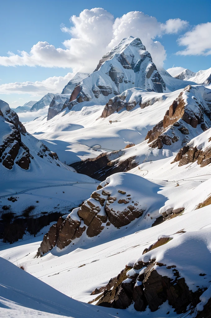 The Himalayas are covered with snow and clouds above them