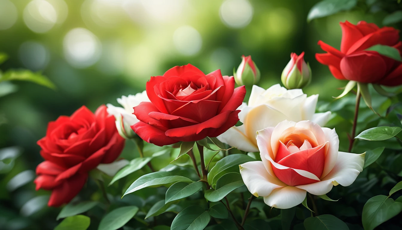 Close-up of vivid red and white roses centered in the frame, soft focus on surrounding lush green foliage, defocused background creating a bokeh effect, nature's palette in full display, natural light, ultra fine details, digital painting