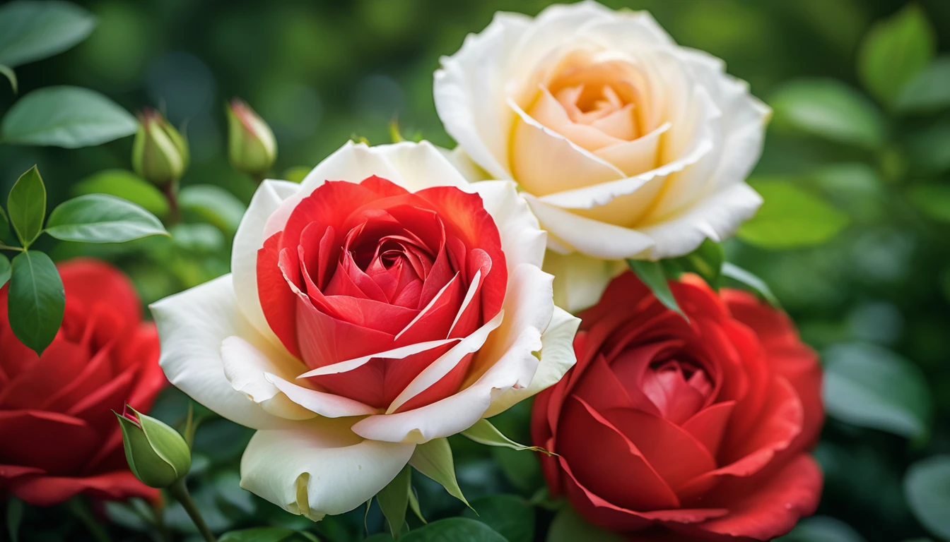 Close-up of vivid red and white roses centered in the frame, soft focus on surrounding lush green foliage, defocused background creating a bokeh effect, nature's palette in full display, natural light, ultra fine details, digital painting