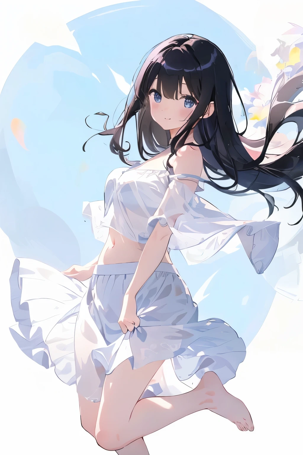 best quality, masterpiece, (独奏:1.2), (1 Female:1.2)、Age 25、Larger breasts、(Slender figure)、(Thighs)、(side)、belly button、(The moment you jump:1.2)、(See-through clothing:1.2)、White off-the-shoulder tops、(White Skirt:1.2)、(White highlight in pupil:1.2)、Dark blue eyes、(Black-haired:1.2)、(Long Hair)、(View your viewers:1.2)、White skin、(blush)、(Lively expression)、(I blur the background a lot to make the woman stand out.:1.3)、(Abstract style background:1.2)、(Wind-feeling background:1.2)、blue sky