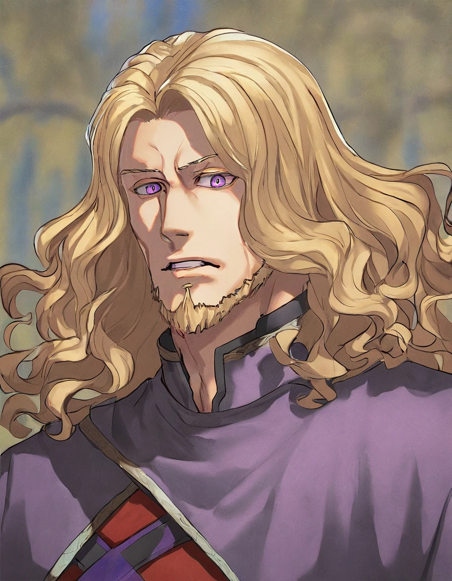 male, late 30s, blond, shoulder-length, middle-part wavy hair, light-purple, deep-set, Sanpaku eyes, slightly thick blond beard, aquiline and hooked nose, slightly underbite, chiseled, slightly long face, fearless expression, medieval European royal attire, portrait