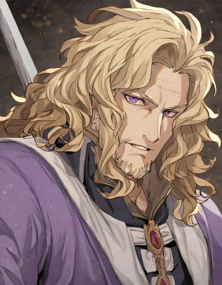 male, late 30s, blond, shoulder-length, middle-part wavy hair, light-purple, deep-set, Sanpaku eyes, slightly thick blond beard, aquiline and hooked nose, slightly underbite, chiseled, slightly long face, fearless expression, medieval European royal attire, portrait