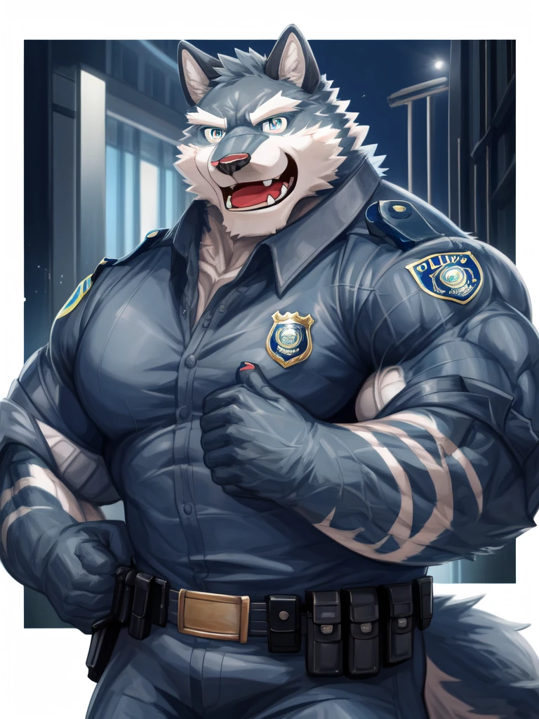 ((solo, one man, 1man)), muscular man wear working as police, police uniform, furry, an anthro (wolf), an anthto, a old man big muscular, happy expression, extremely detailed muscle, detailed face, face, detailed eyes, eyes, detailed muscle, anime, digital arts, background