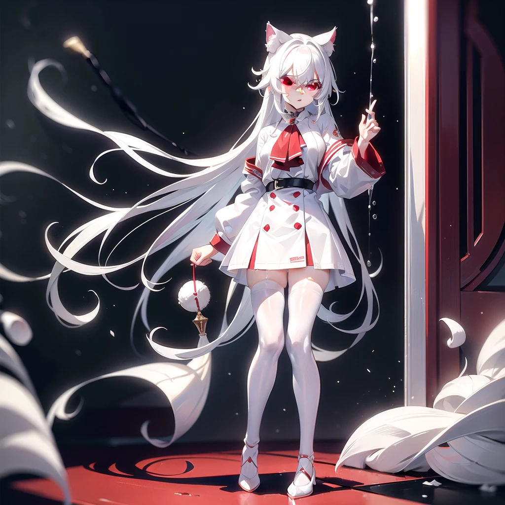masterpiece, highest quality, highest resolution, clear_image, detailed details, White hair, long hair, cat ears, 1 girl, red eyes, white lab coat, white pantyhose, white scarf (around the neck), cute, full body, no water marks