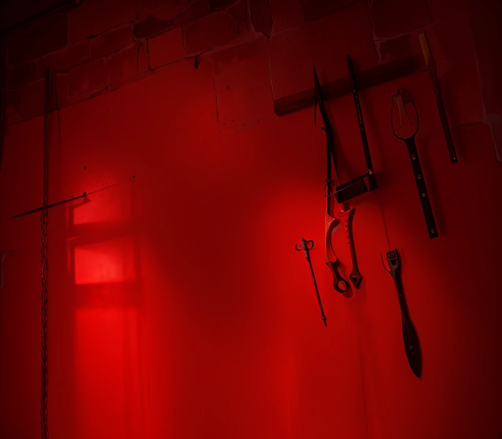 {{red theme}},{dim},dungeon,SM tools hanging on the wall