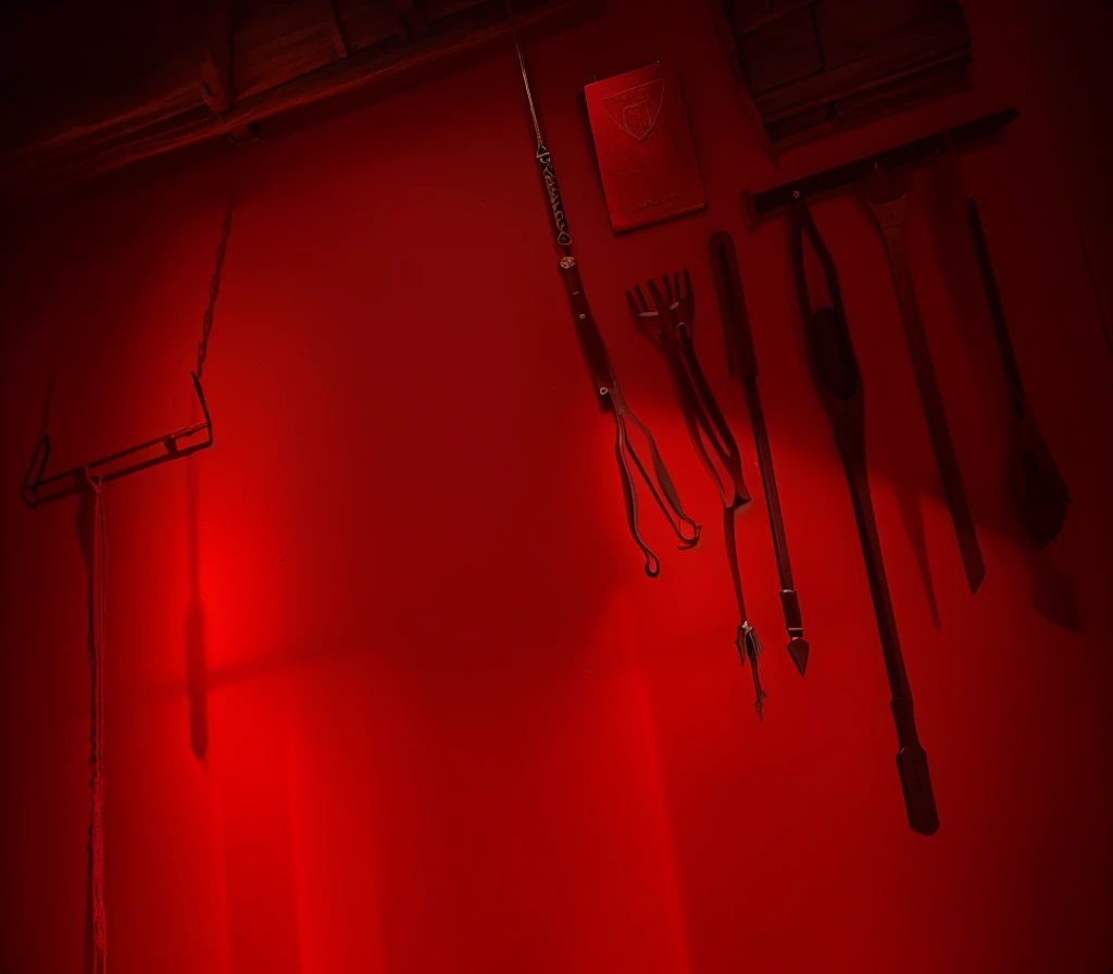 {{red theme}},{dim},dungeon,SM tools hanging on the wall