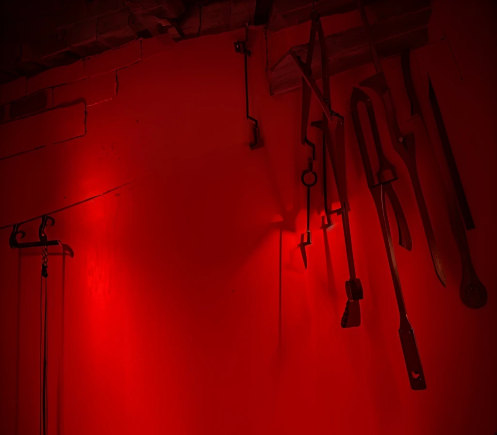 {{red theme}},{dim},dungeon,SM tools hanging on the wall