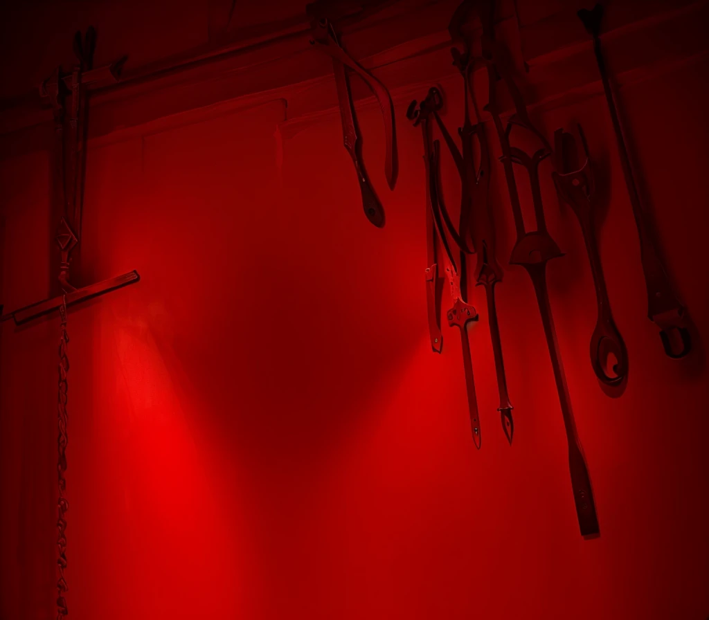 {{red theme}},{dim},dungeon,SM tools hanging on the wall