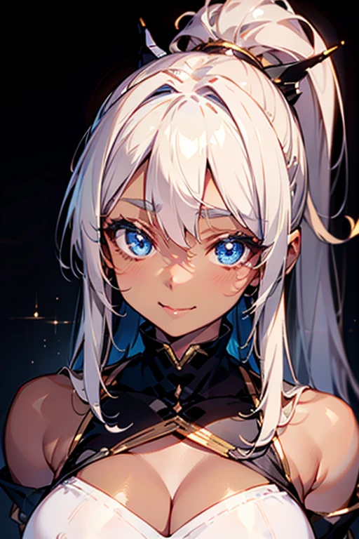 Portrait、、Bright expression、ponytail、Young, shiny, glossy skin、Gloss Face、Shining Cheek Gloss、Small Face Beauty、The best beauty、The dazzling light of silky silver hair、Bright blonde hair with dazzling highlights、Very beautiful silver hair、super long silky straight hair、Her shiny, beautiful bangs are covering her eyes.、Sparkling, clear, attractive, bright, large, pale blue eyes、Very big eyes、eyeliner、very beautiful lovely cute girl、(huge Bust:1.6), full body , smile , (dark skin :1.3), wearing white oversized v-neck sweater