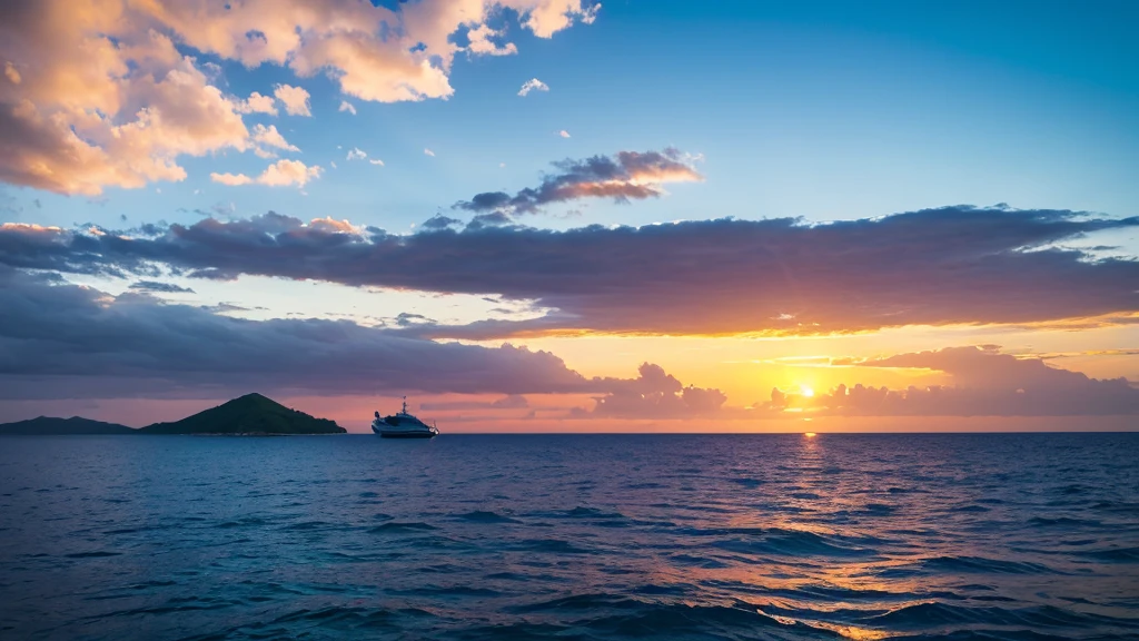 Southern Island、Ocean、Hot Sun、Blue sky、horizon、Light of the sun、Boat、