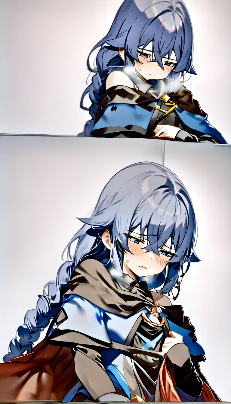 (masterpiece:1.2), Hyper Detail, Highest quality, (Complex_detailed:1.1), Beautiful details, Beautiful Hair, alone,One girl,alone,Roxy Migurdia, Witch Hat, Blue twin braids,Brown cape, shirt,((shirt half off shoulder)),shoulder,Upper Body,Hand holding a cape, sweating,Heavy breathing,vapor,blush,((Open Cape)),greasy shoulder,Half-closed eyes,((From below)),Look down,Reverse hair,Underarm,greasy Underarm, shoulder focus,