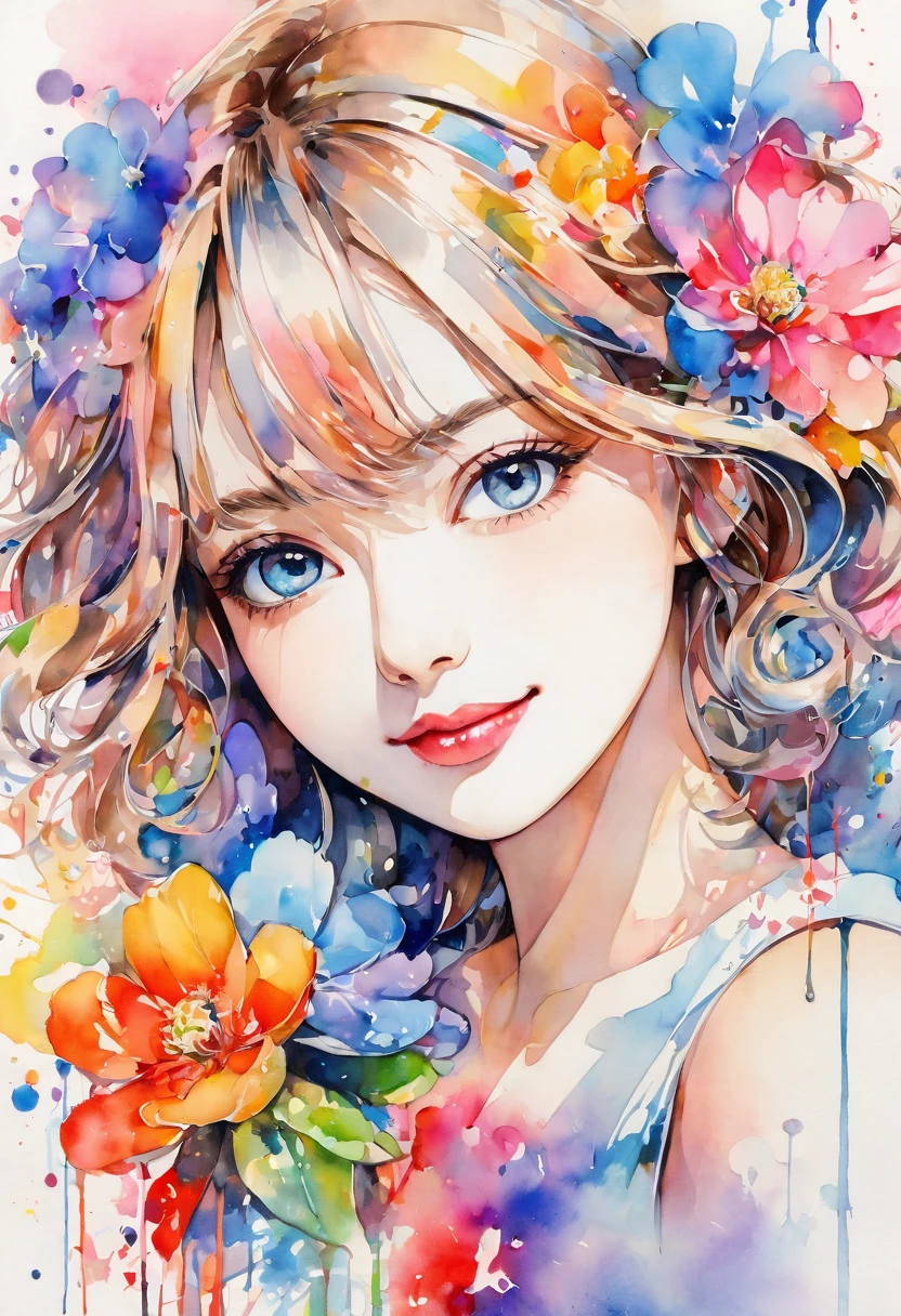 beautiful woman portrait, cute smile, Sylvia Pelissero watercolors, colorful flowers, beautiful eyes, upper body, abstract art, intense watercolor, watercolor detailed art, watercolor splash, surreal, avant-garde pop art, Beautiful and expressive paintings, Beautiful artwork illustration, very colorful tones, wonderful, cool beauty, highest quality, official art, women only, sharp outline, best shot, vector art, lips in love、 (((The strongest beautiful women of all time))), (((Japanese)))、clear, (((highest quality))), lips in love, HDR, ((Detailed details)), stylish fashion, detailed clothing texture, (((graffiti art))), colorful hair, ((masterpiece))、((Super detailed))