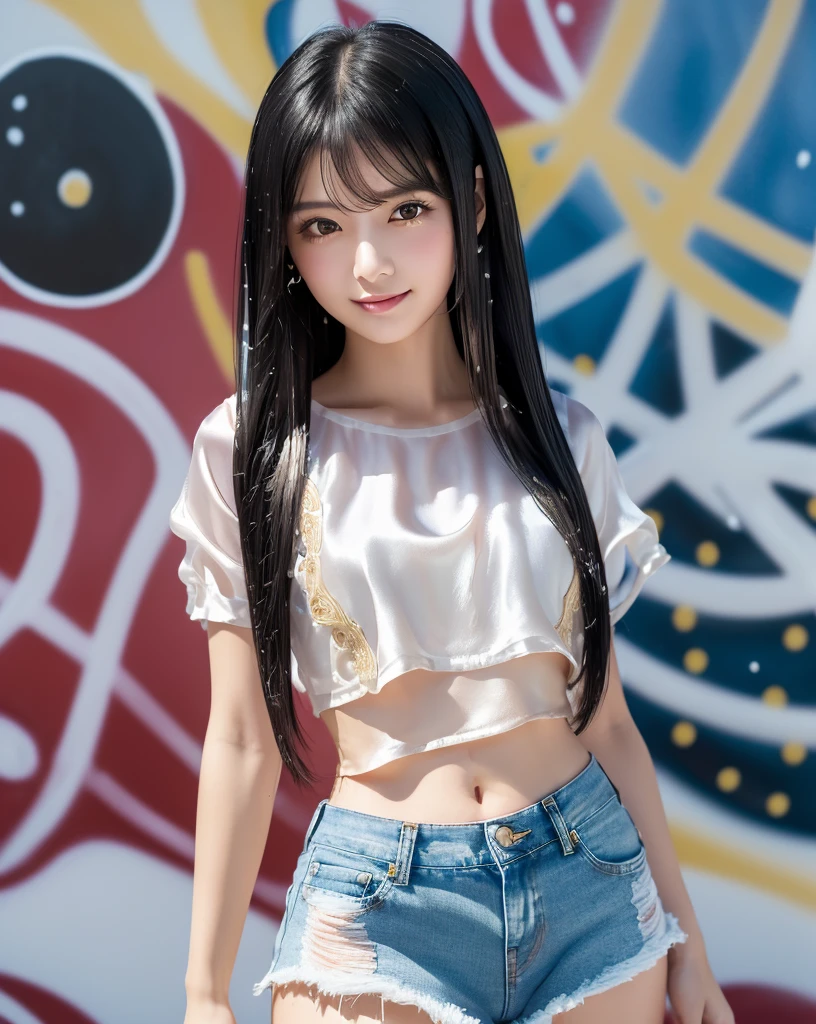 (Highest quality, 32k, High resolution, Masterpiece:1.5), marimo_jet, magnificent々A photograph with brilliant dazzling and healing power., Evoking a sense of calm and elusive beauty, Expressing emotions, Have a rich imagination, Beautiful Japanese Girls, An exceptionally beautiful face, Small Face Beauty, ((Full body low angle:1.3)), Perfect Human Anatomy, Magical big eyes, Motherhood and generosity, Deep Love, fleeting smile, ((Shiny black hair:1.4)), ((Intricately messy super long straight silk hair:1.3)), Asymmetrical bangs, Hair between the eyes, Transparent, soft white skin, Sharp eyebrows, Thin lashes, Natural Makeup, Cheek highlighter, Pale pink detailed lips, ((White crop top:1.3)), ((Denim shorts:1.3)), Slim figure with ample breasts, High resolutionの美しい太もも, ((In front of the graffiti wall:1.2)), ((Paint splashes:1.3)), Professional Lighting, Professional photographer, Professional models, mysterious