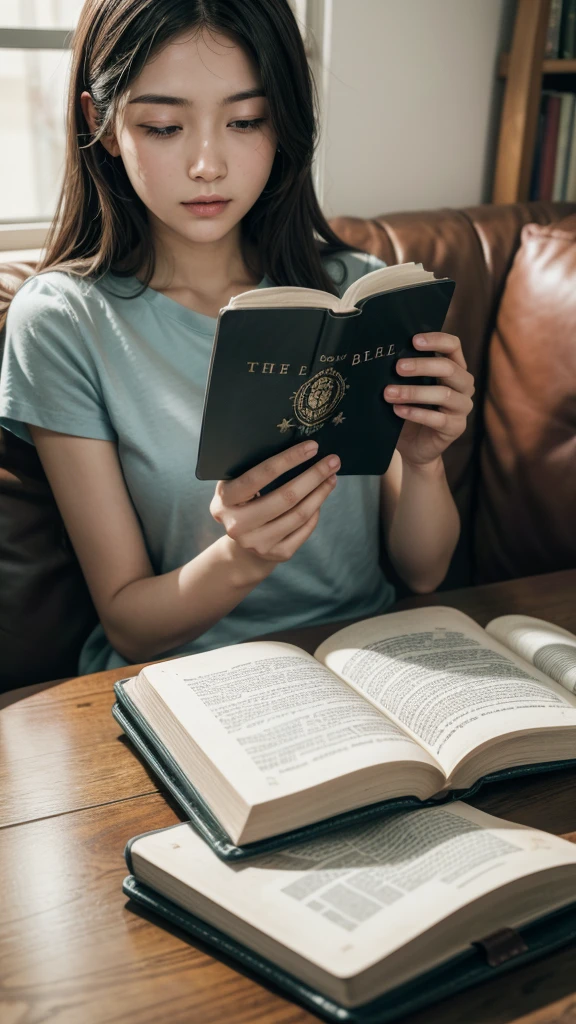 A person reading a book titled "The Holy Bible"