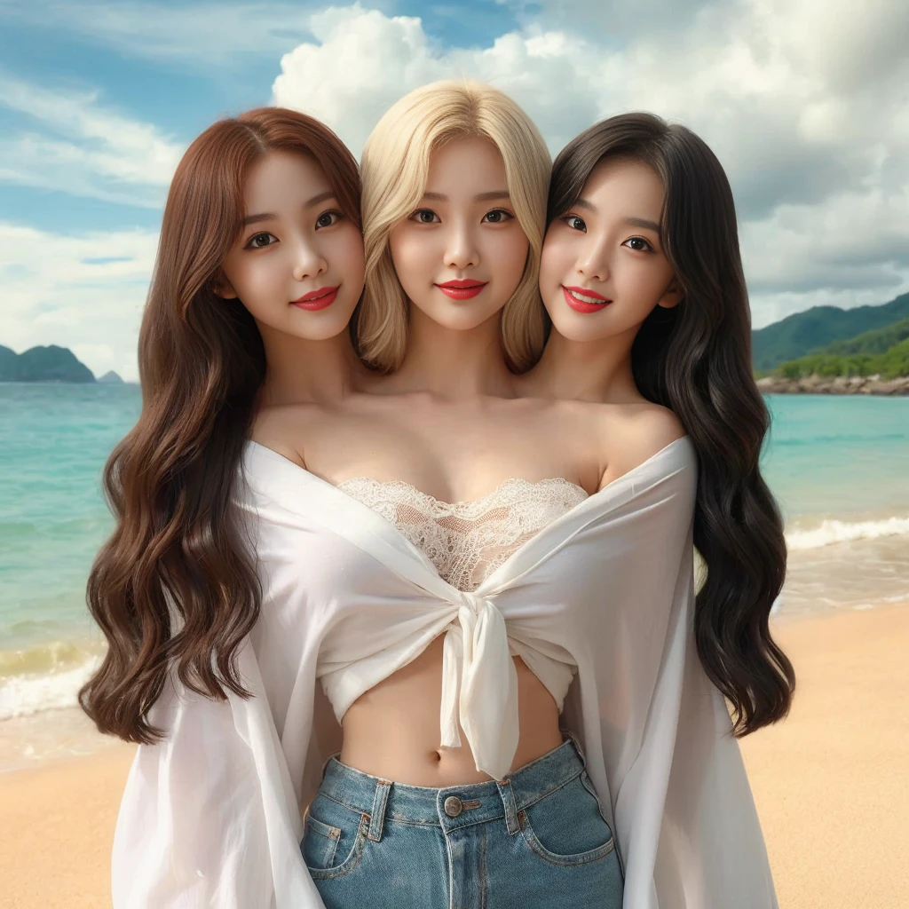 Best resolution, 2heads, korean woman with three heads, smiling, different faces, lipstick,  beach