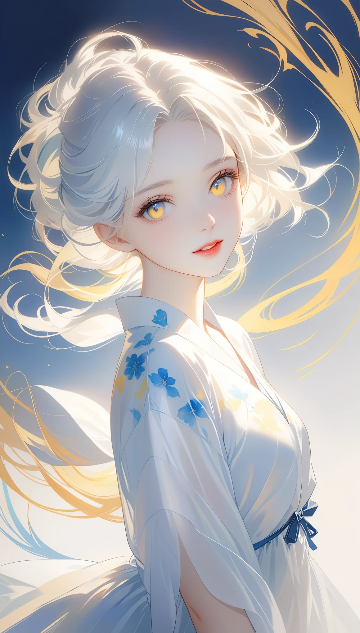 dark,caustics,colorful,gorgeous light and shadow,full body,
The girl's pale skin,her lips are slightly open to reveal her teeth,and her (blue and yellow eyes) eyes are blur and dreamy. mottled light and shadow,portrait,white hair,side face,