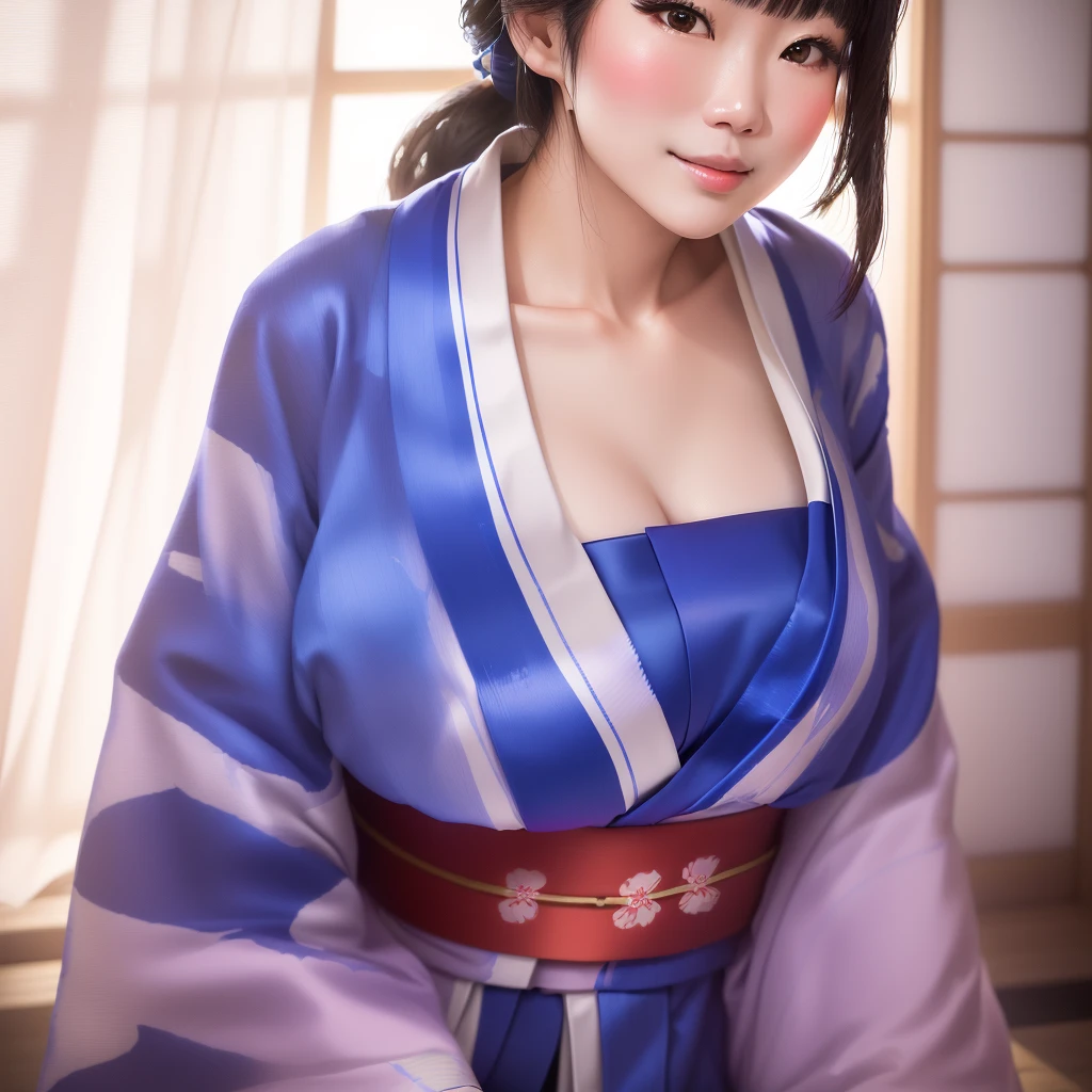 araffe asian woman In kimono sitting on a bed, In kimono, Japanese goddess, In kimono, Wearing a blue robe, Wearing a blue robe, wear Kimono, wearing a simple robe, wearing a simple robe, elegant Japanese woman, wear Kimono, Japanese model, In a robe, 皇室のwear Kimono, Yoshitomo Nara, Japanese、On all fours、slouch