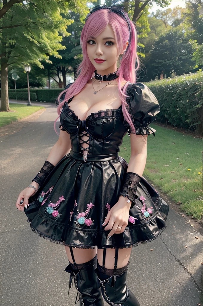 sexy stylish Swedish model, only 1 female, ((doll-like appearance)), short neon pink stylish hair, ((shiny Punk-Style boots)), (beautiful smile), ultra detailed eyes, long lashes, metallic makeup, lip-gloss, ((sexy Punk ta cosplay)), unconventional skirt, petticoats, high neckline, ((ultra detailed lace)), ((ultra detailed embroidery)), intricate details, tartan patterns, Punk Loliccessoires, Punk Lolita cr, ((large sparkling Punk Lolita jewel, cinematic light, detailed large park background with trees